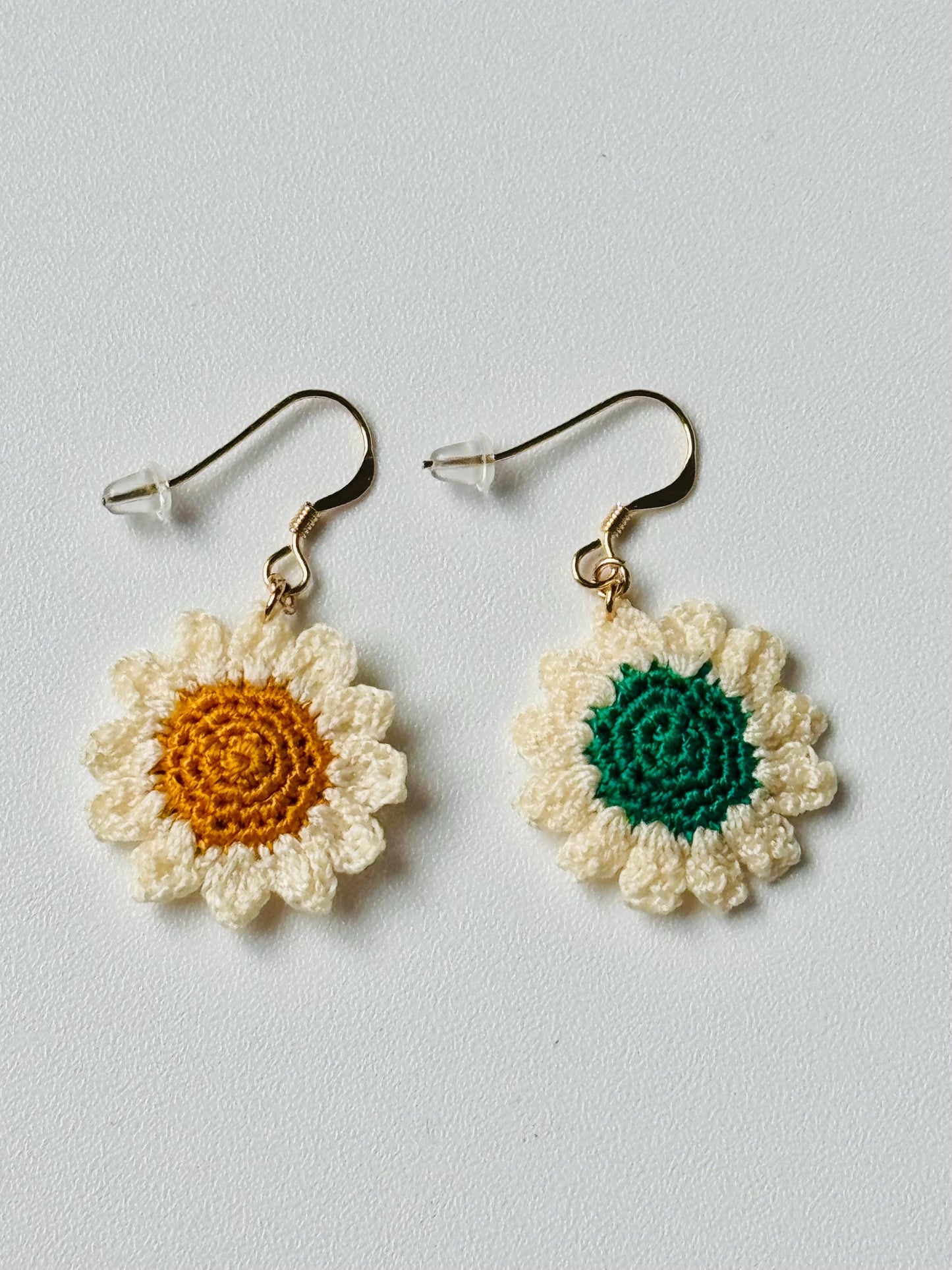 Micro Crochet Daisy Earrings – 14ct Gold Filled Hooks, Cotton Flower Jewellery