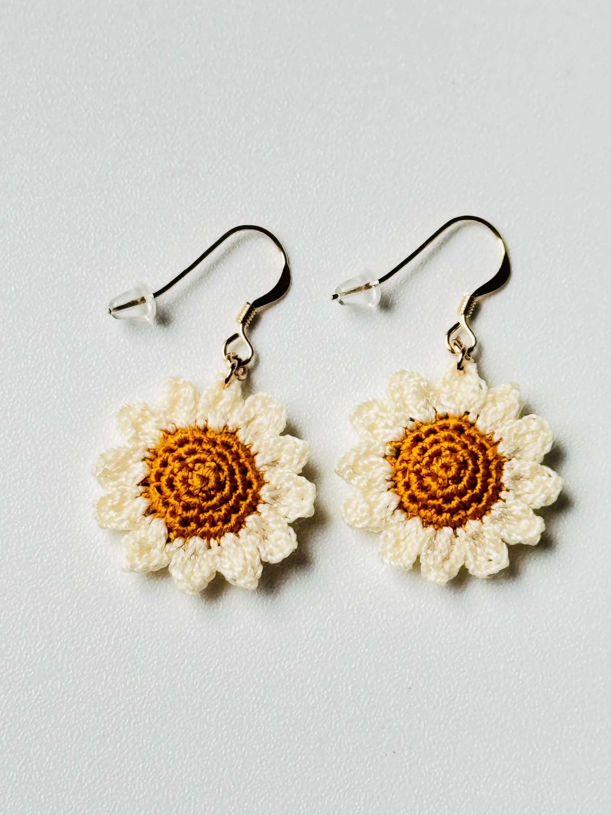 Micro Crochet Daisy Earrings – 14ct Gold Filled Hooks, Cotton Flower Jewellery