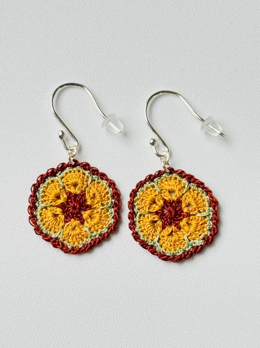 Micro Crochet Flower Earrings – Brown Mustard Sage Green, 925 Sterling Silver Hooks