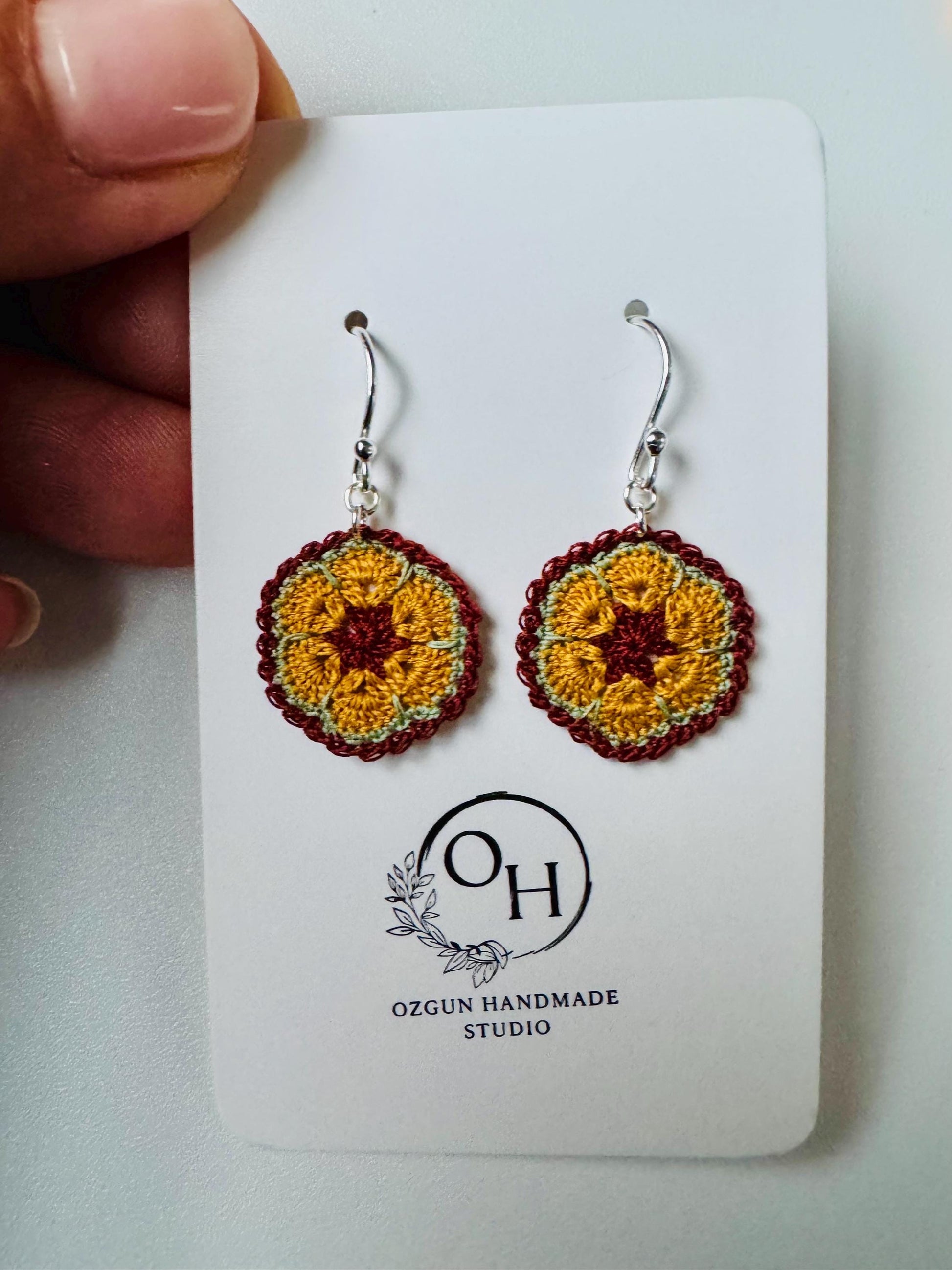 Micro Crochet Flower Earrings – Brown Mustard Sage Green, 925 Sterling Silver Hooks