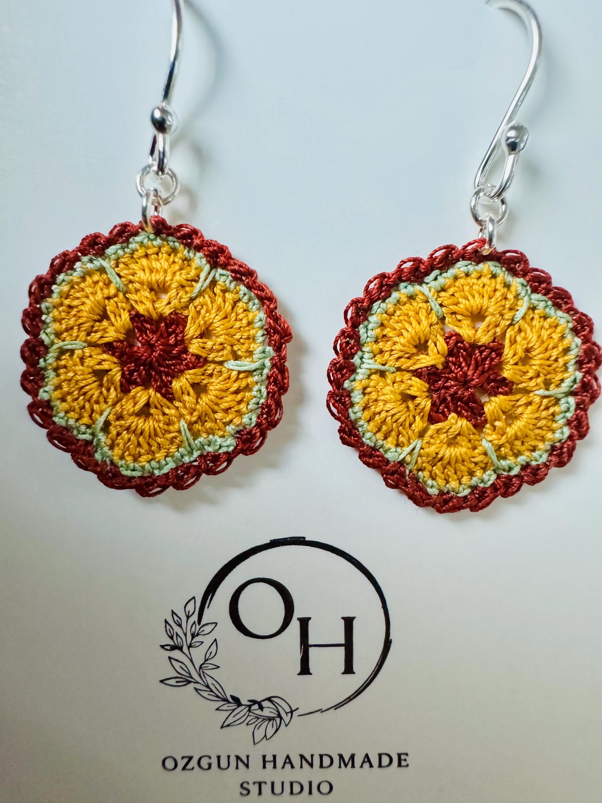 Micro Crochet Flower Earrings – Brown Mustard Sage Green, 925 Sterling Silver Hooks