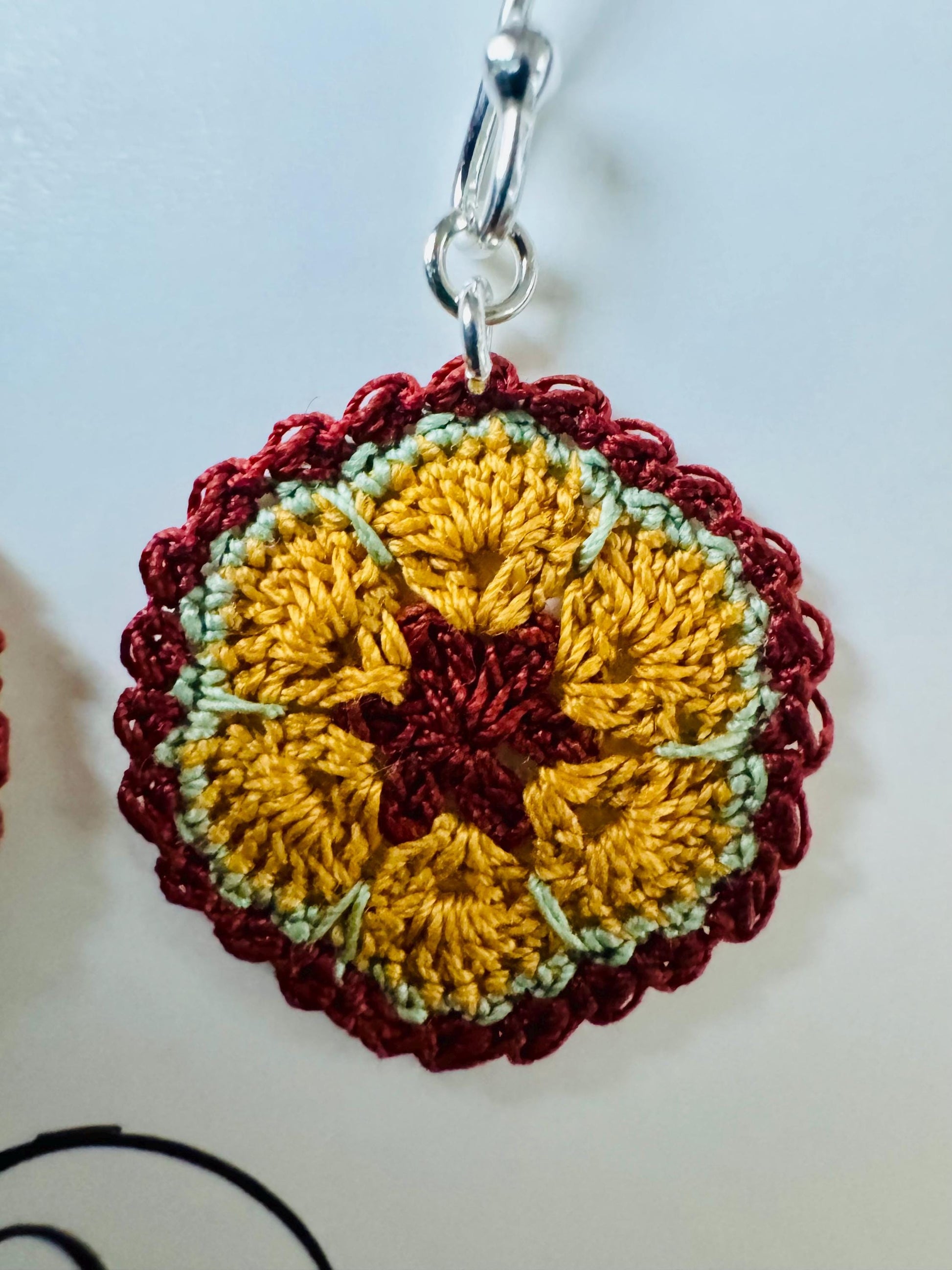 Micro Crochet Flower Earrings – Brown Mustard Sage Green, 925 Sterling Silver Hooks