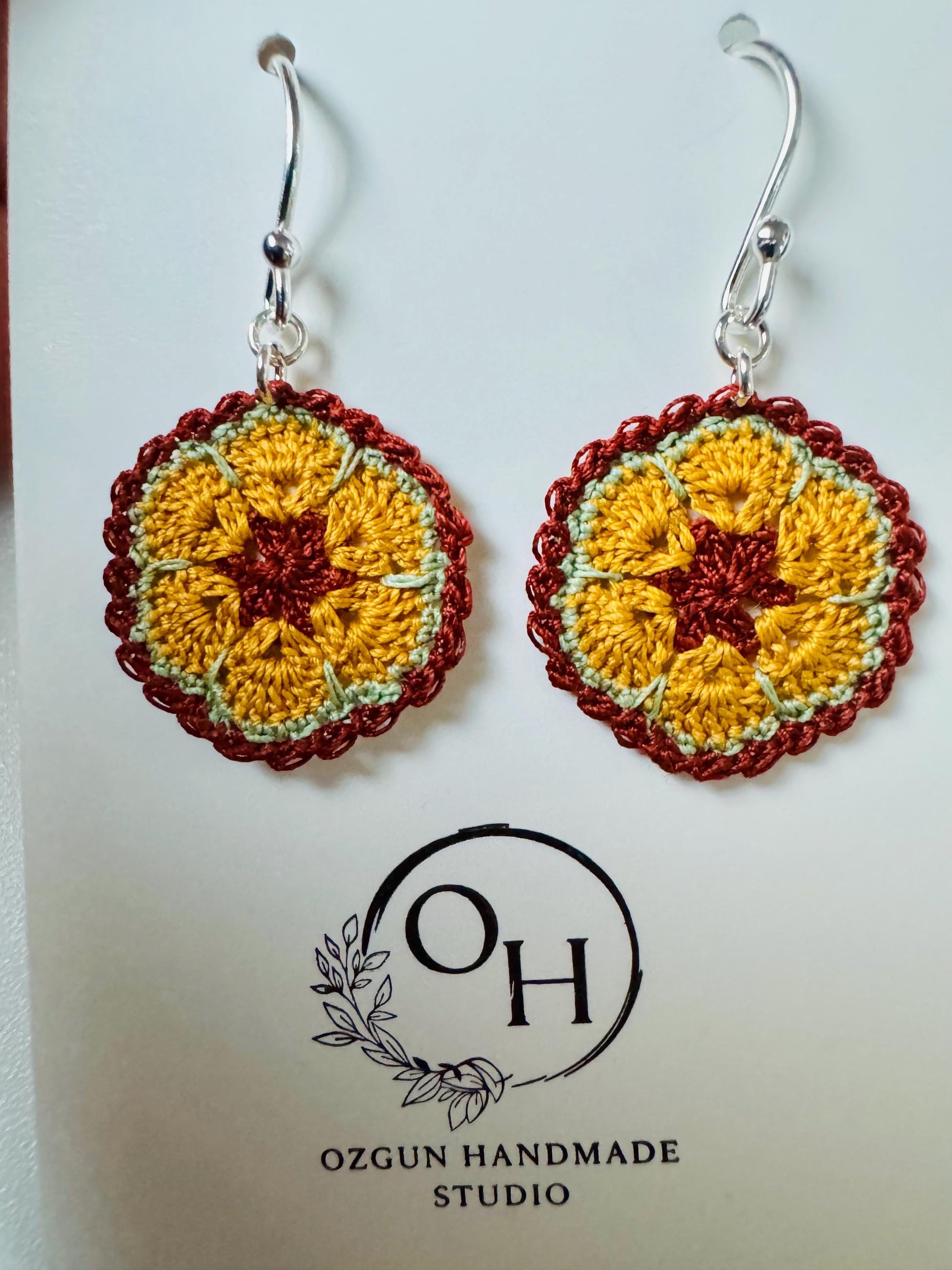 Micro Crochet Flower Earrings – Brown Mustard Sage Green, 925 Sterling Silver Hooks