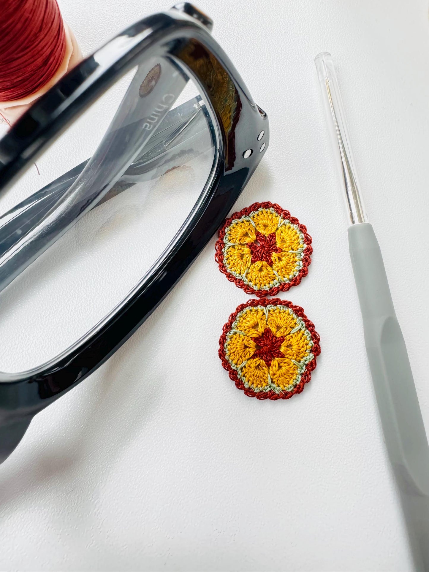 Micro Crochet Flower Earrings – Brown Mustard Sage Green, 925 Sterling Silver Hooks