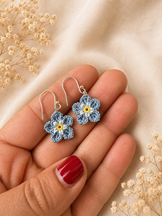 Micro Crochet Forget Me Not Flower Earrings, Blue Floral, Sterling Silver/Gold Filled Hooks __etsy:8119891407