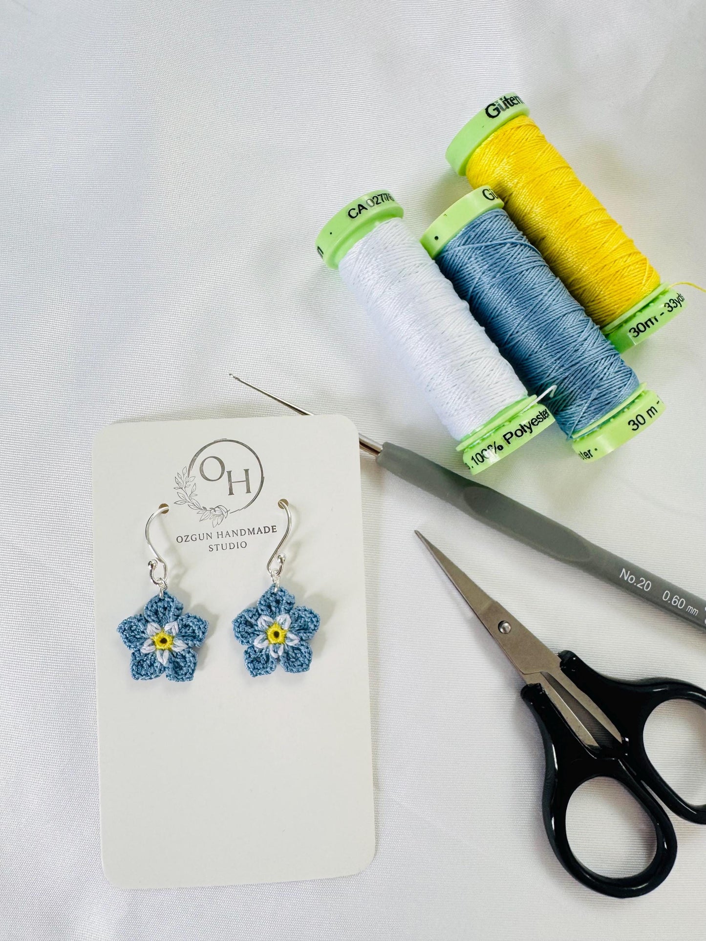 Micro Crochet Forget Me Not Flower Earrings, Blue Floral, Sterling Silver/Gold Filled Hooks __etsy:8066149609