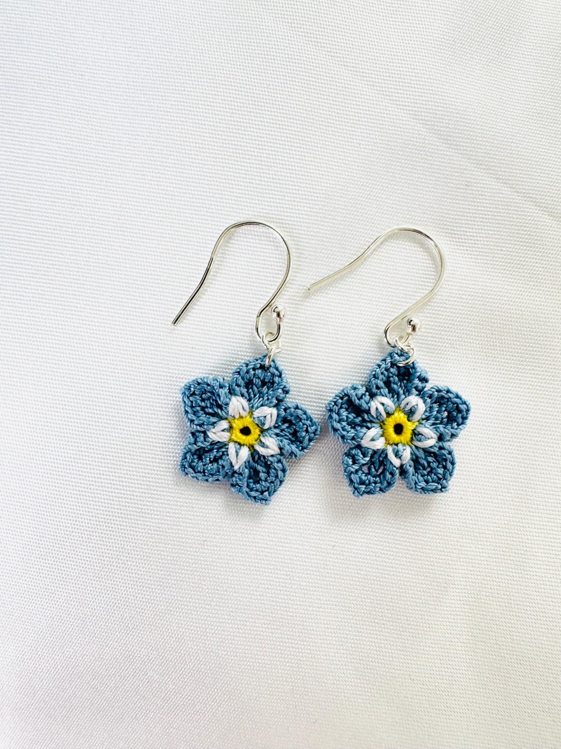 Micro Crochet Forget Me Not Flower Earrings, Blue Floral, Sterling Silver/Gold Filled Hooks __etsy:8018232064