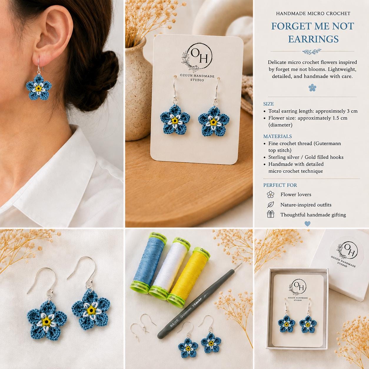 Micro Crochet Forget Me Not Flower Earrings, Blue Floral, Sterling Silver/Gold Filled Hooks __etsy:8048178048