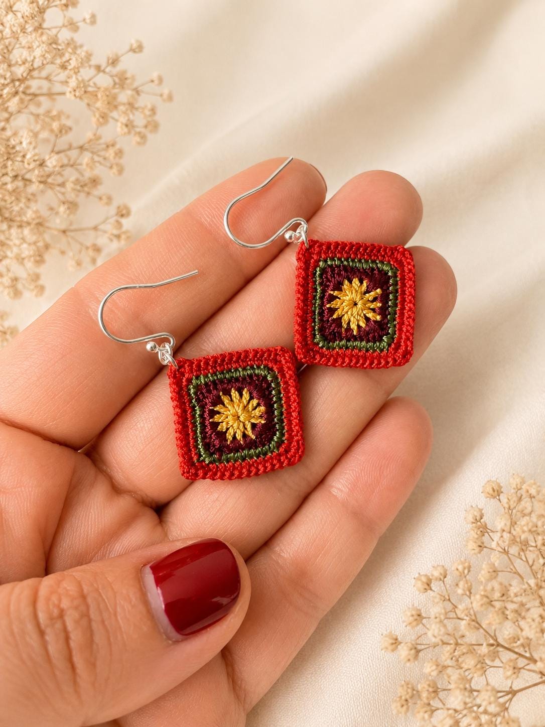 Micro Crochet Granny Square Earrings, Burgundy Olive Mustard, Sterling Silver Hooks __etsy:8119738917