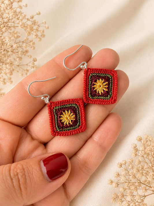 Micro Crochet Granny Square Earrings, Burgundy Olive Mustard, Sterling Silver Hooks __etsy:8119738917