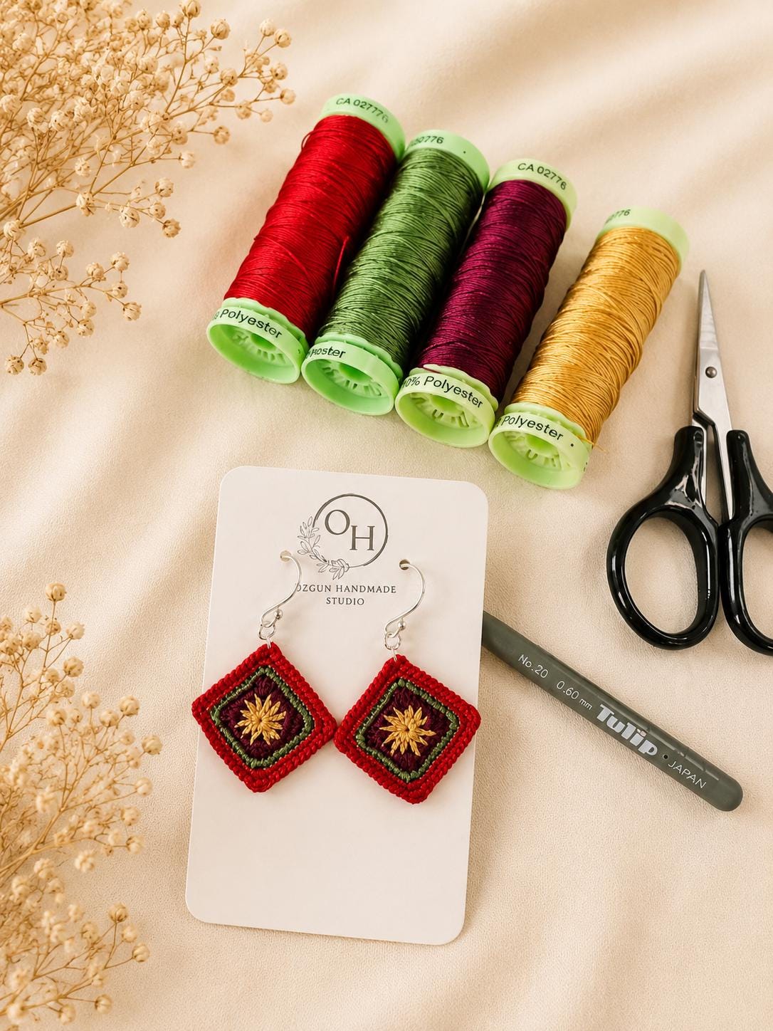 Micro Crochet Granny Square Earrings, Burgundy Olive Mustard, Sterling Silver Hooks __etsy:8071825324