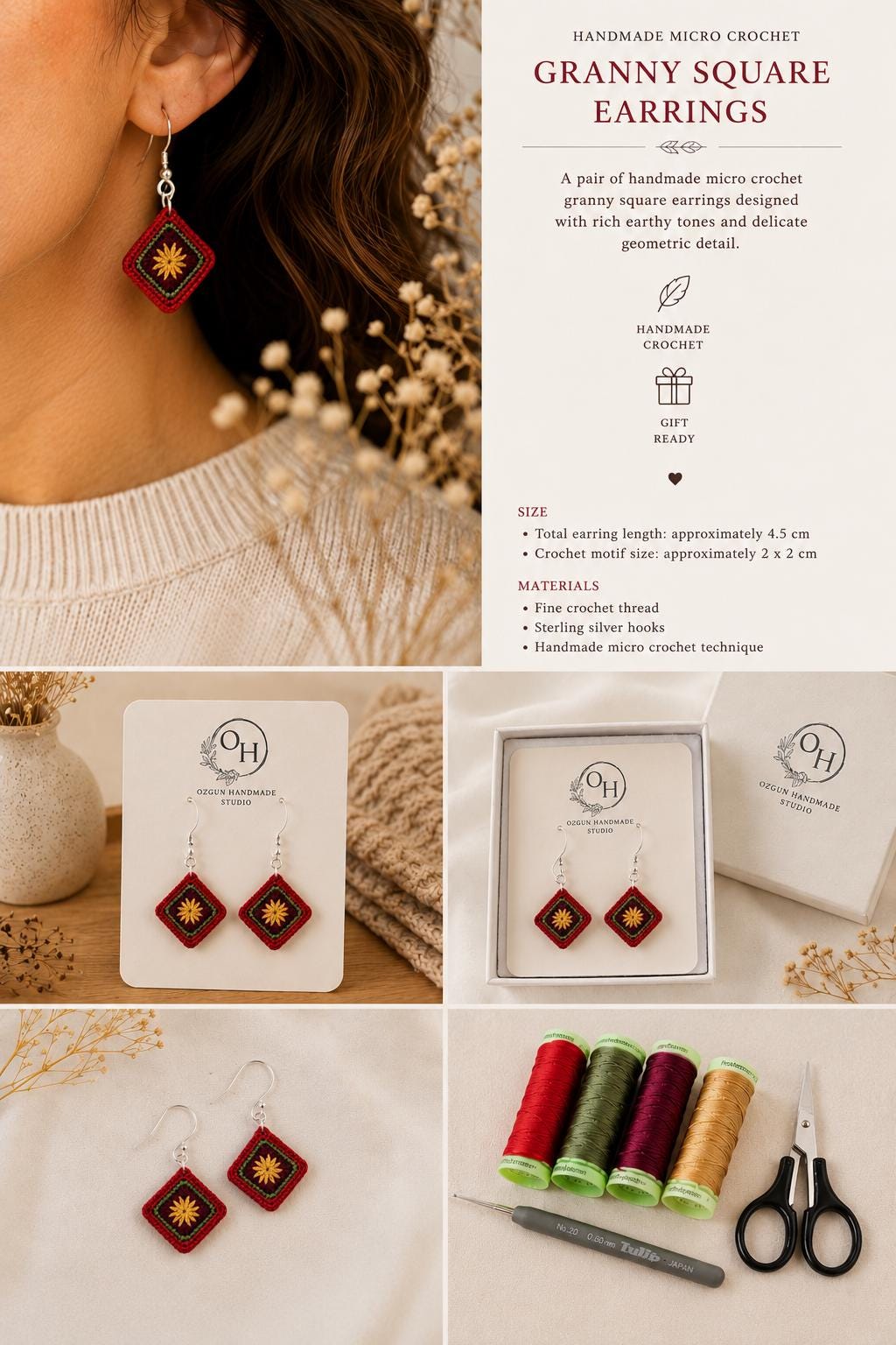 Micro Crochet Granny Square Earrings, Burgundy Olive Mustard, Sterling Silver Hooks __etsy:8048179058
