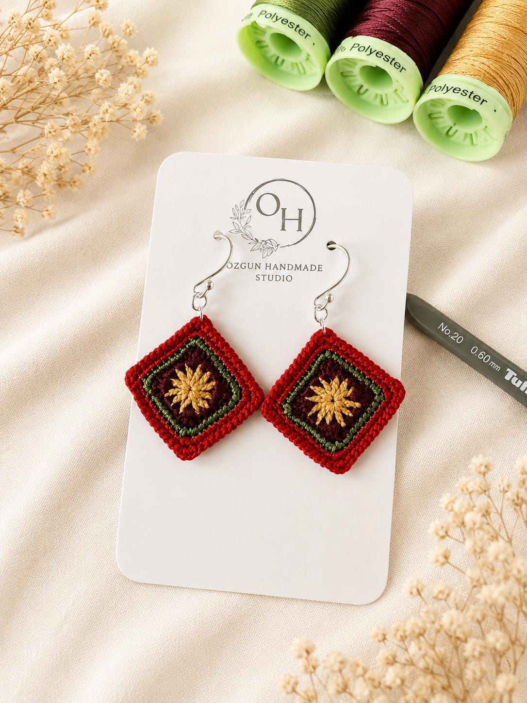Micro Crochet Granny Square Earrings, Burgundy Olive Mustard, Sterling Silver Hooks __etsy:8119752215