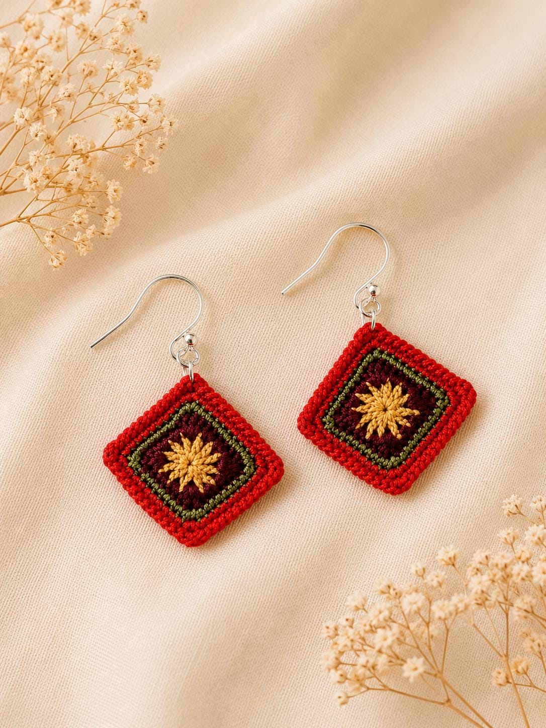 Micro Crochet Granny Square Earrings, Burgundy Olive Mustard, Sterling Silver Hooks __etsy:8071839856