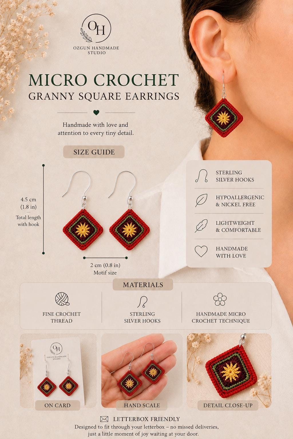 Micro Crochet Granny Square Earrings, Burgundy Olive Mustard, Sterling Silver Hooks __etsy:8071854830