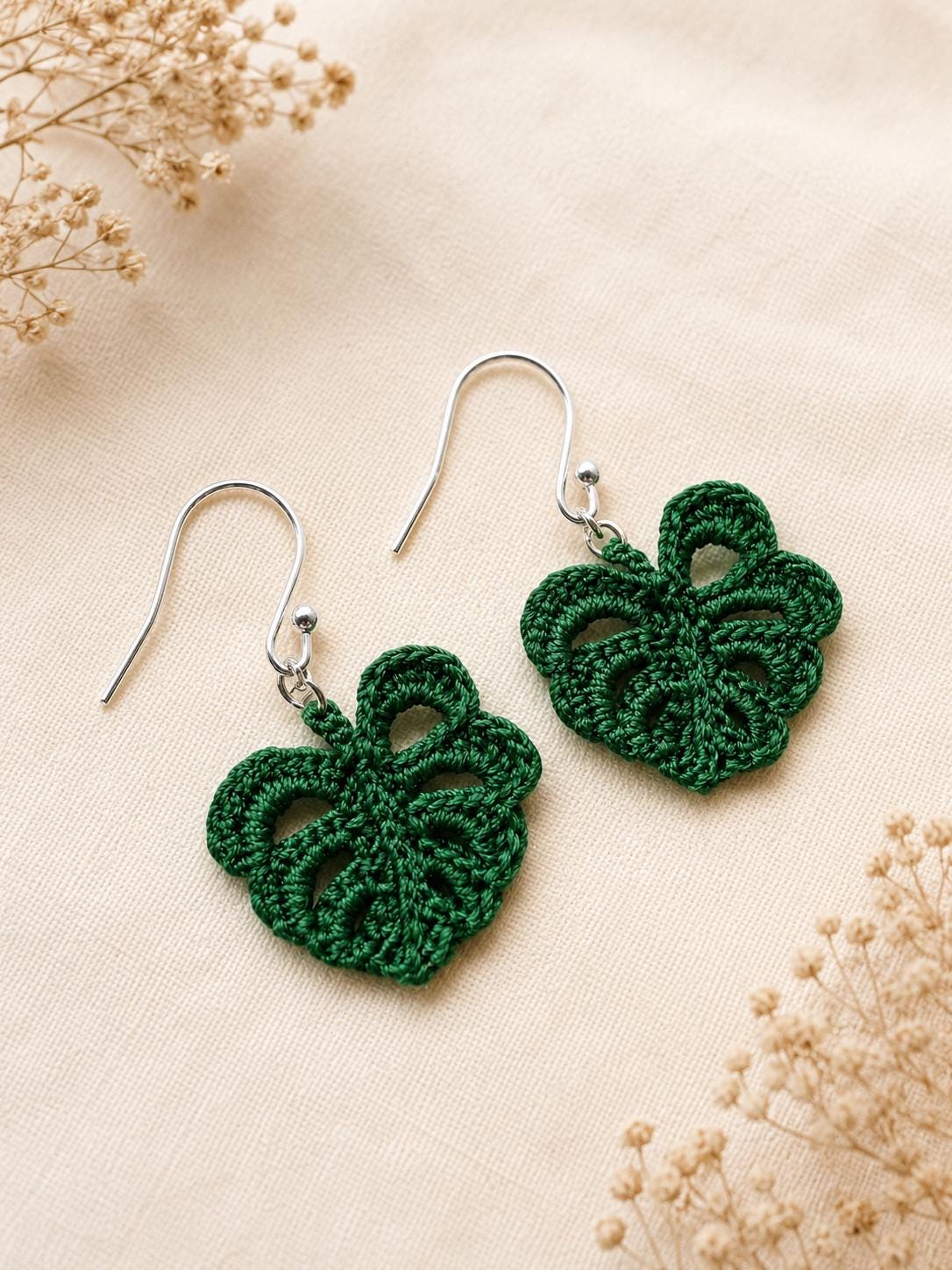 Micro Crochet Monstera Leaf Earrings – Botanical Jewellery – Sterling Silver Hooks __etsy:8070766696