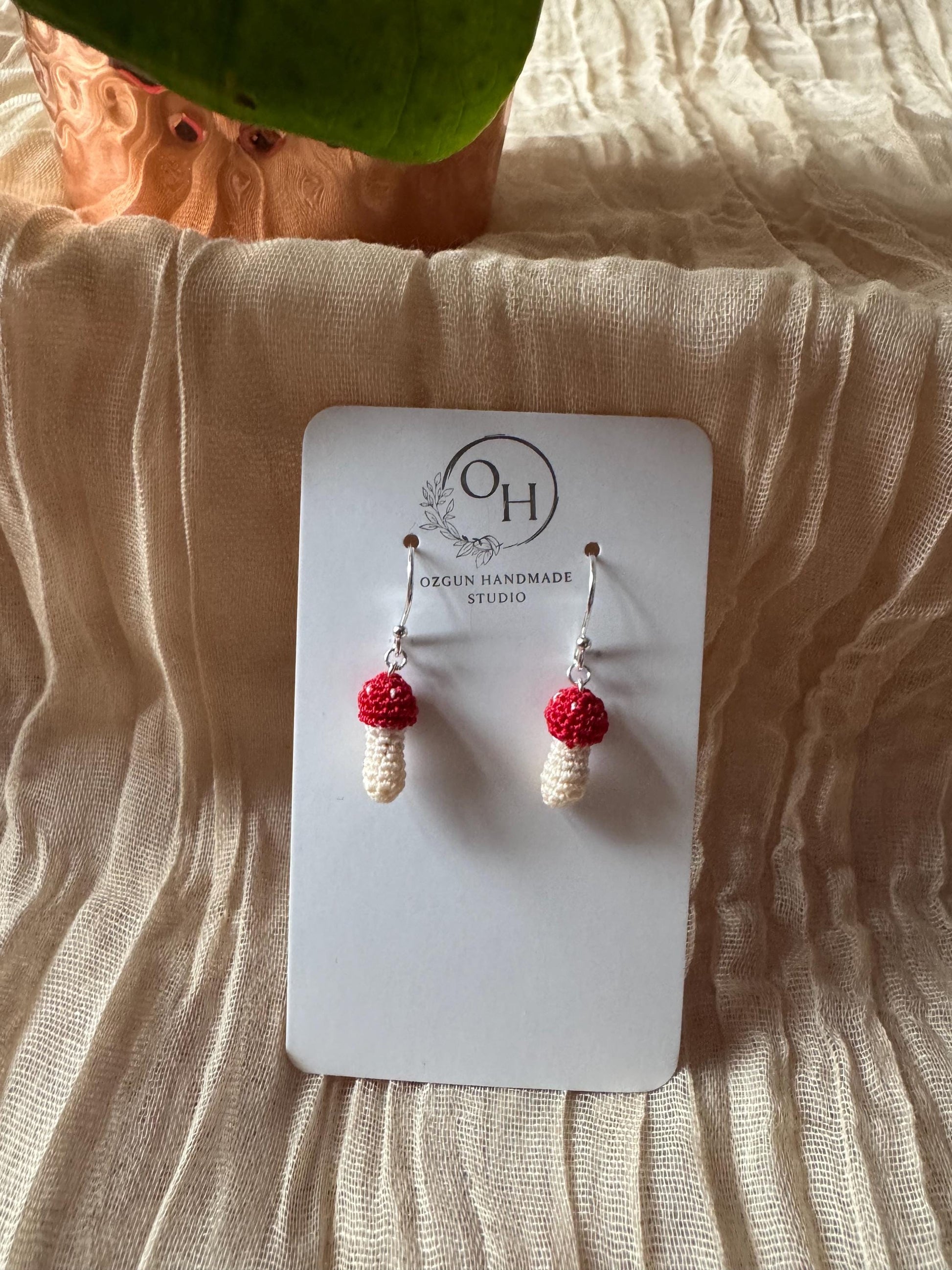 Micro Crochet Mushroom Earrings, Sterling Silver Hooks, Amigurumi Nature Jewelry