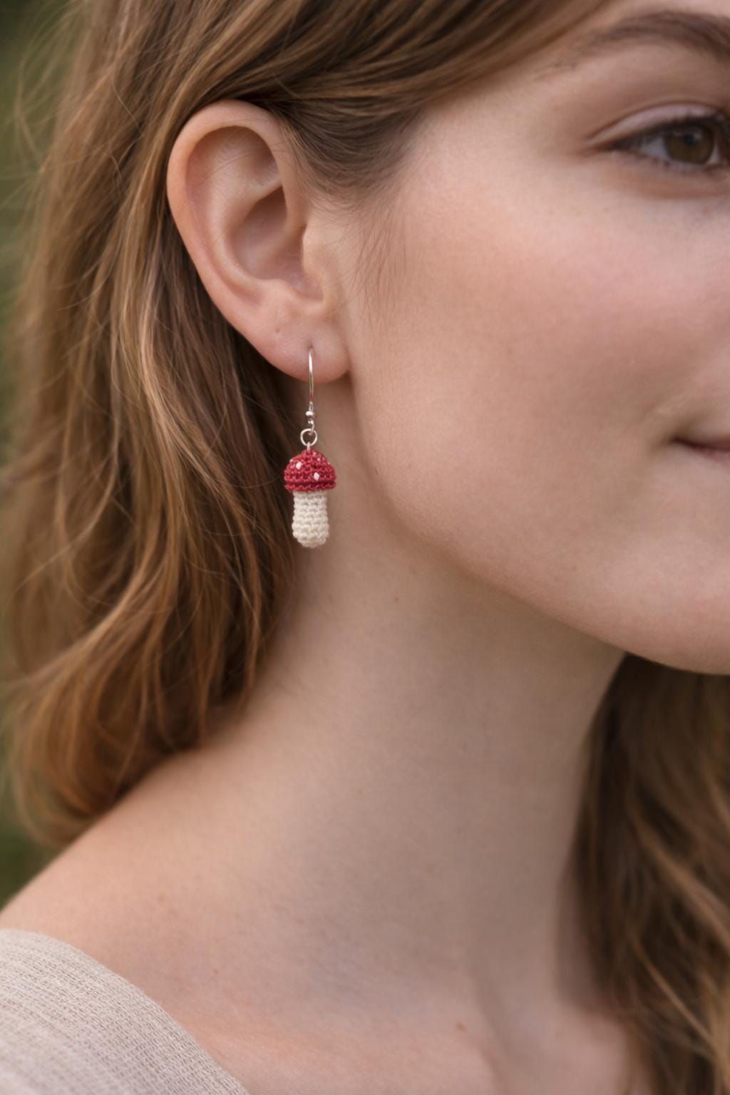 Micro Crochet Mushroom Earrings, Sterling Silver Hooks, Amigurumi Nature Jewelry