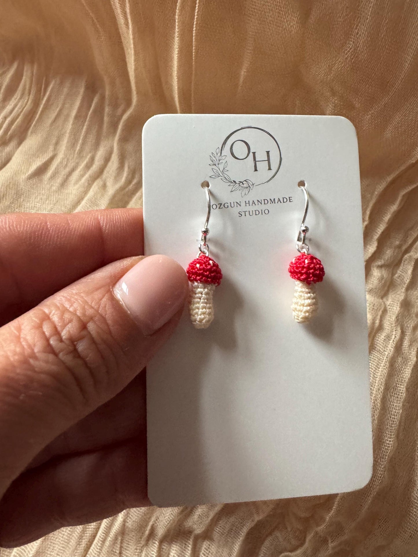 Micro Crochet Mushroom Earrings, Sterling Silver Hooks, Amigurumi Nature Jewelry