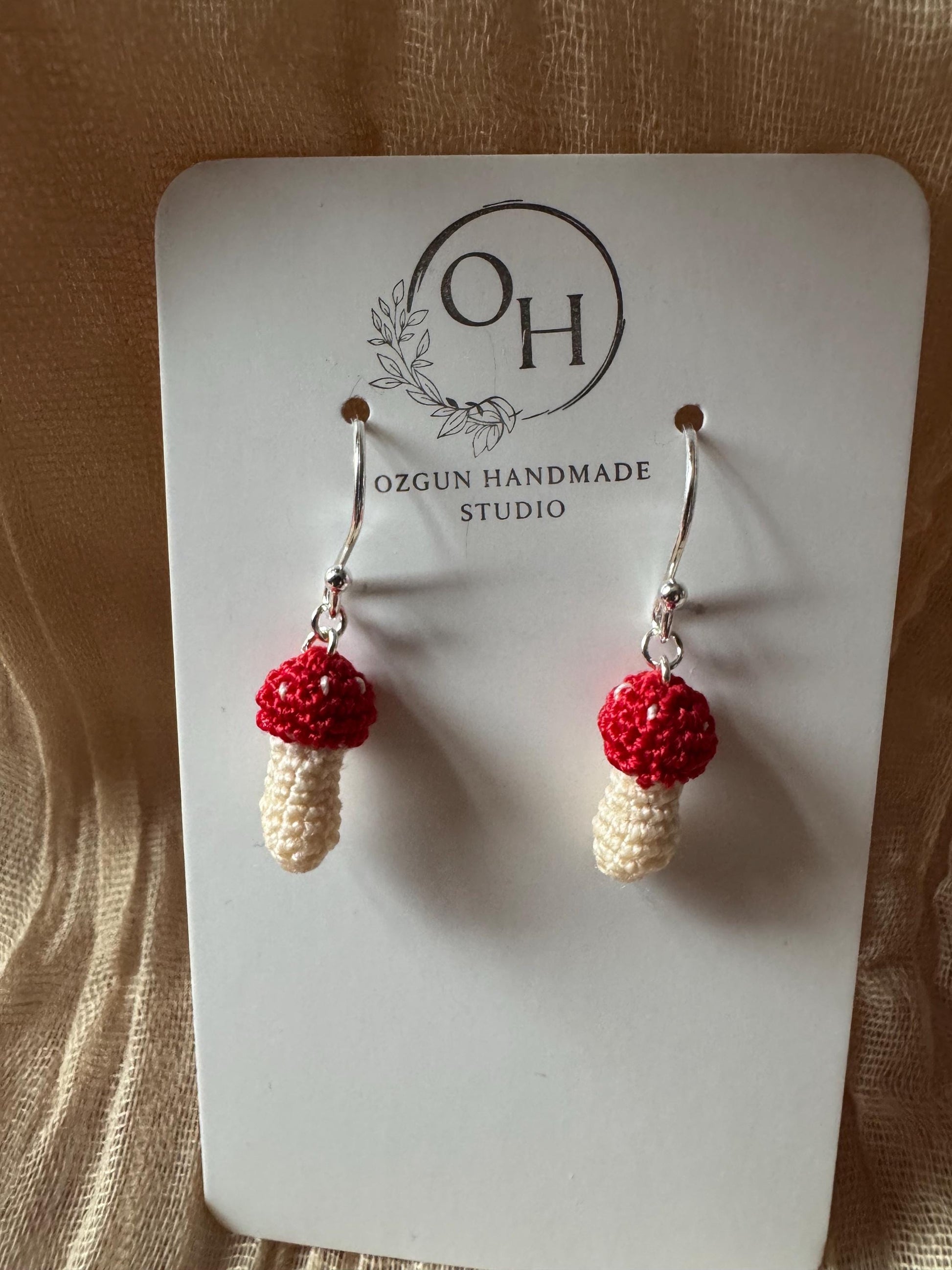 Micro Crochet Mushroom Earrings, Sterling Silver Hooks, Amigurumi Nature Jewelry