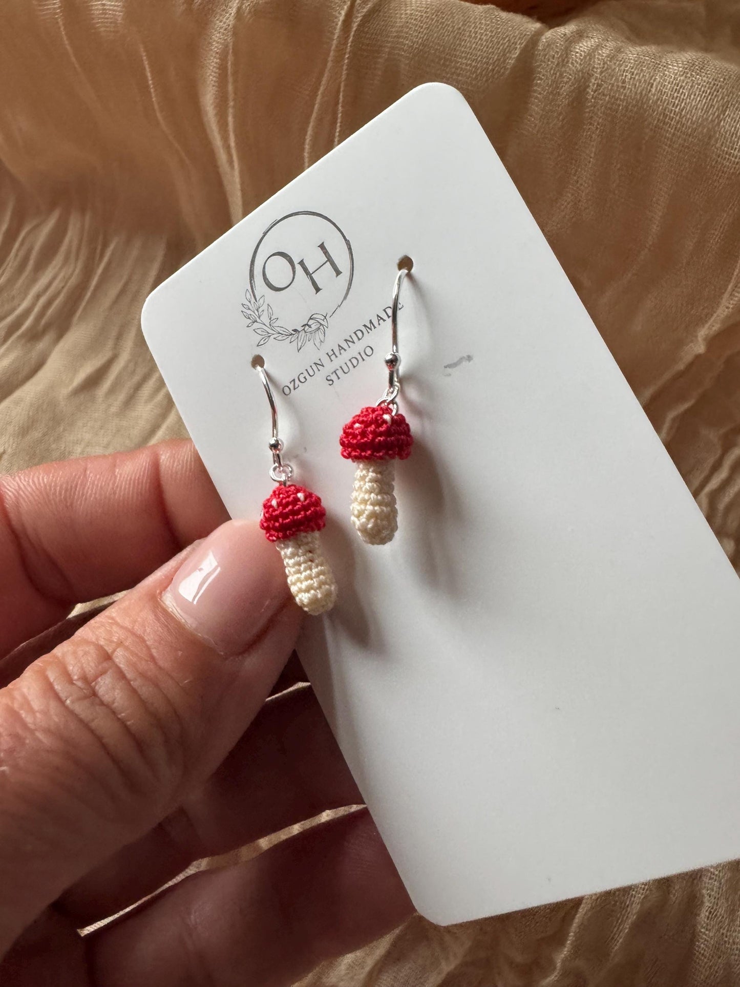 Micro Crochet Mushroom Earrings, Sterling Silver Hooks, Amigurumi Nature Jewelry