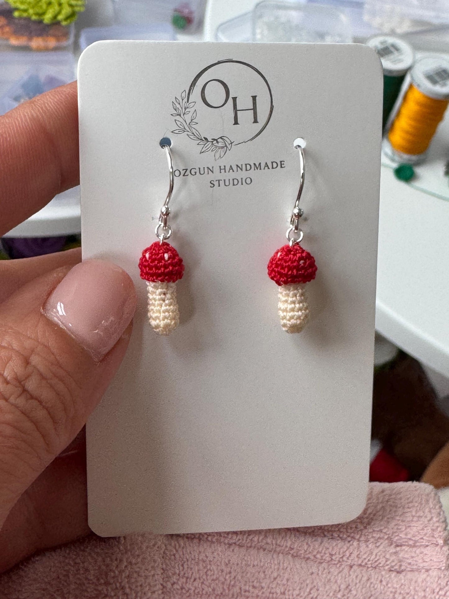 Micro Crochet Mushroom Earrings, Sterling Silver Hooks, Amigurumi Nature Jewelry