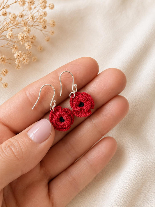Micro Crochet Poppy Earrings, Red Flower Botanical Jewelry, Sterling Silver/Gold Filled Hooks __etsy:8062359424