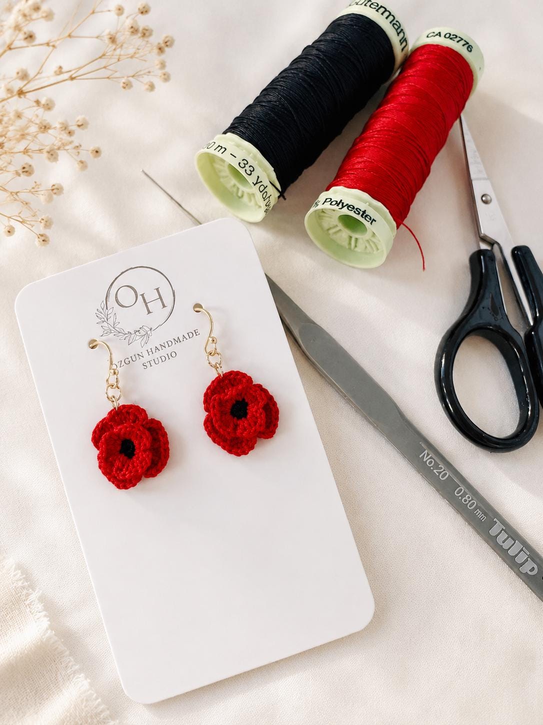 Micro Crochet Poppy Earrings, Red Flower Botanical Jewelry, Sterling Silver/Gold Filled Hooks __etsy:8102600085