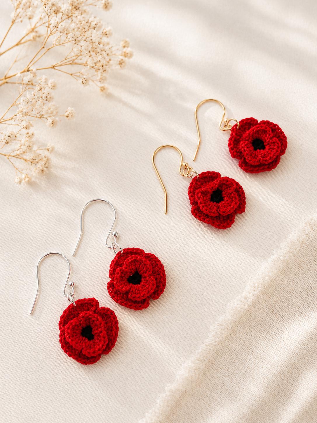 Micro Crochet Poppy Earrings, Red Flower Botanical Jewelry, Sterling Silver/Gold Filled Hooks __etsy:8054685664