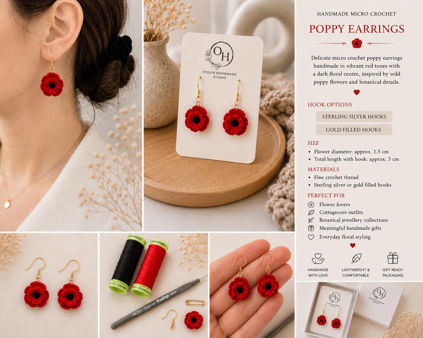 Micro Crochet Poppy Earrings, Red Flower Botanical Jewelry, Sterling Silver/Gold Filled Hooks __etsy:8096500567