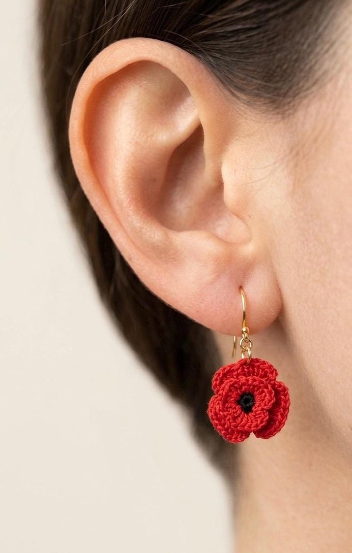 Micro Crochet Poppy Earrings, Red Flower Botanical Jewelry, Sterling Silver/Gold Filled Hooks __etsy:8083782737