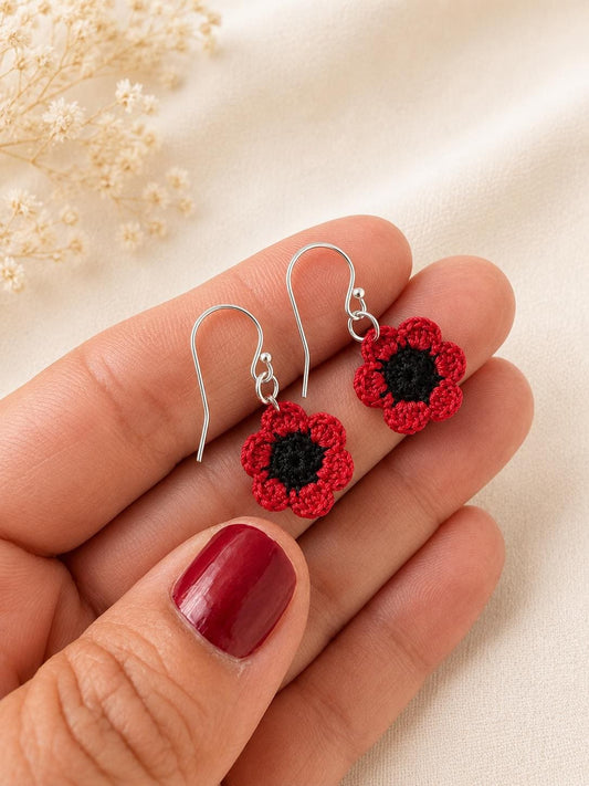Micro Crochet Poppy Earrings, Sterling Silver Hooks, Red Floral Jewellery __etsy:8123907073
