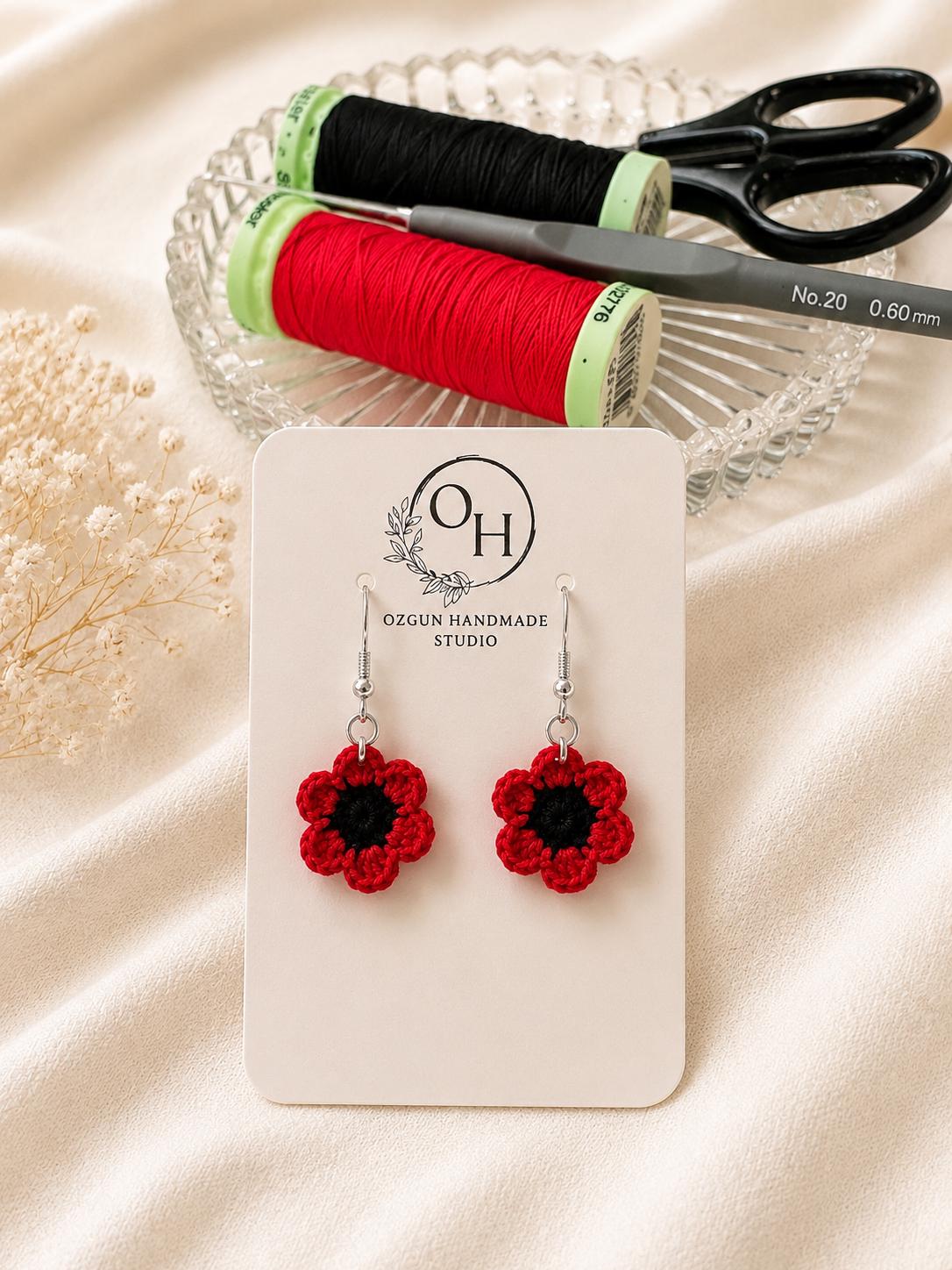 Micro Crochet Poppy Earrings, Sterling Silver Hooks, Red Floral Jewellery __etsy:8123904187