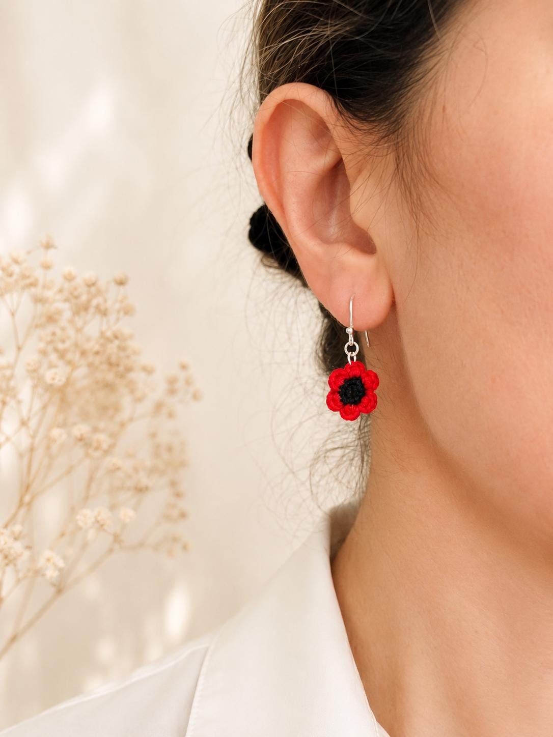 Micro Crochet Poppy Earrings, Sterling Silver Hooks, Red Floral Jewellery __etsy:8122420901