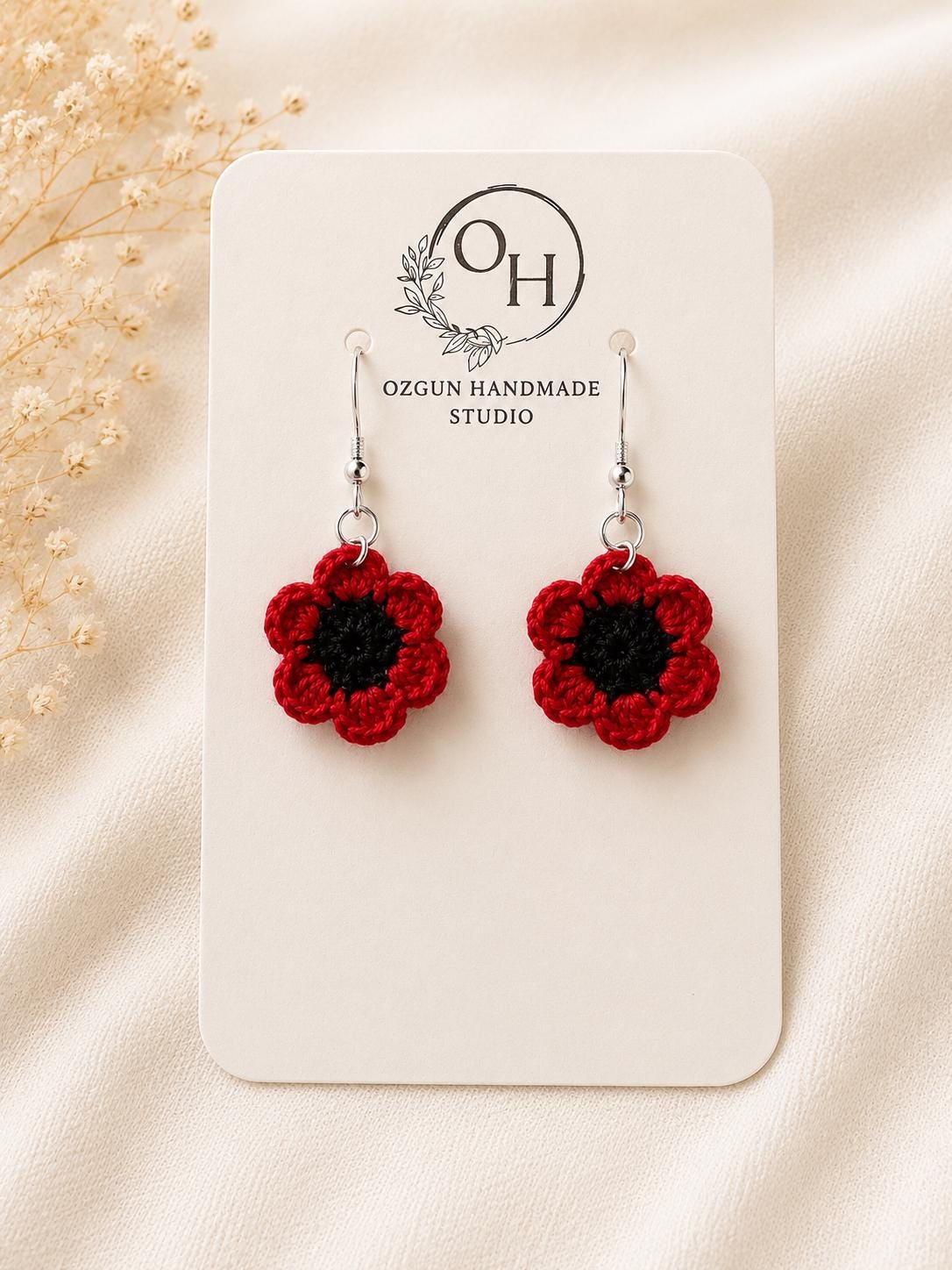 Micro Crochet Poppy Earrings, Sterling Silver Hooks, Red Floral Jewellery __etsy:8075979828