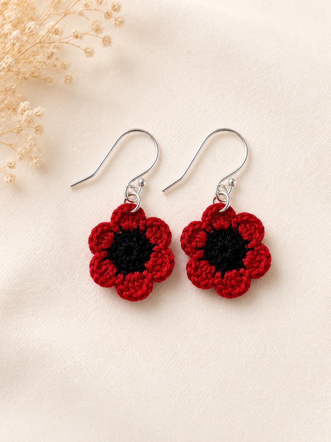 Micro Crochet Poppy Earrings, Sterling Silver Hooks, Red Floral Jewellery __etsy:8123892475