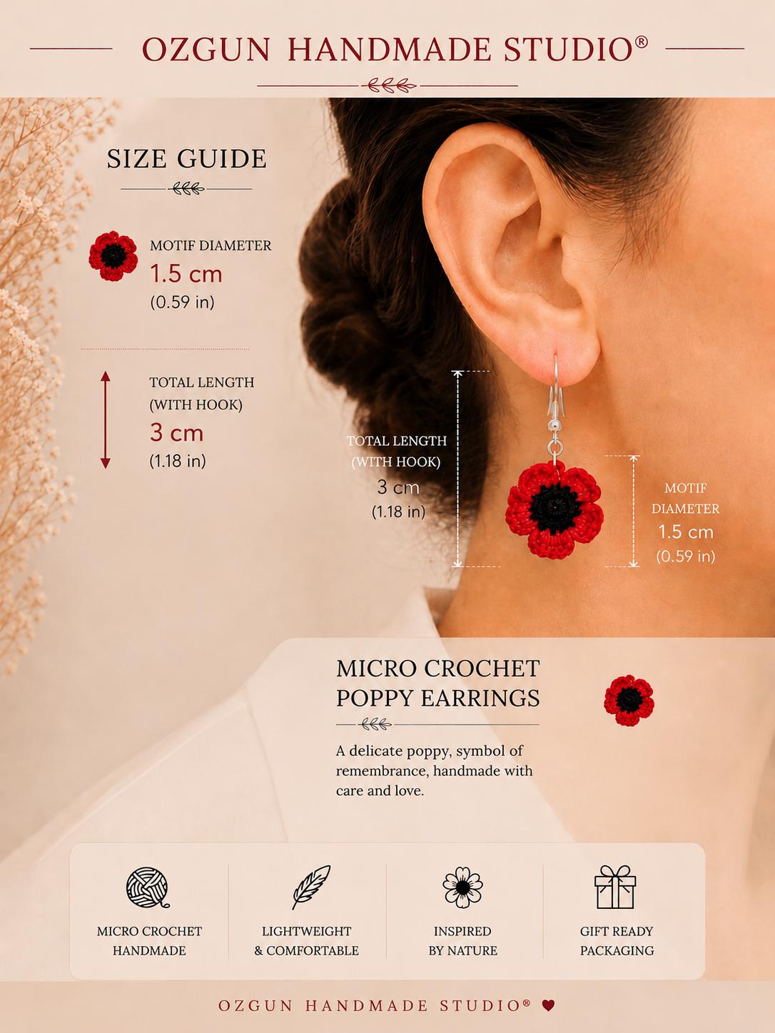 Micro Crochet Poppy Earrings, Sterling Silver Hooks, Red Floral Jewellery __etsy:8123984199