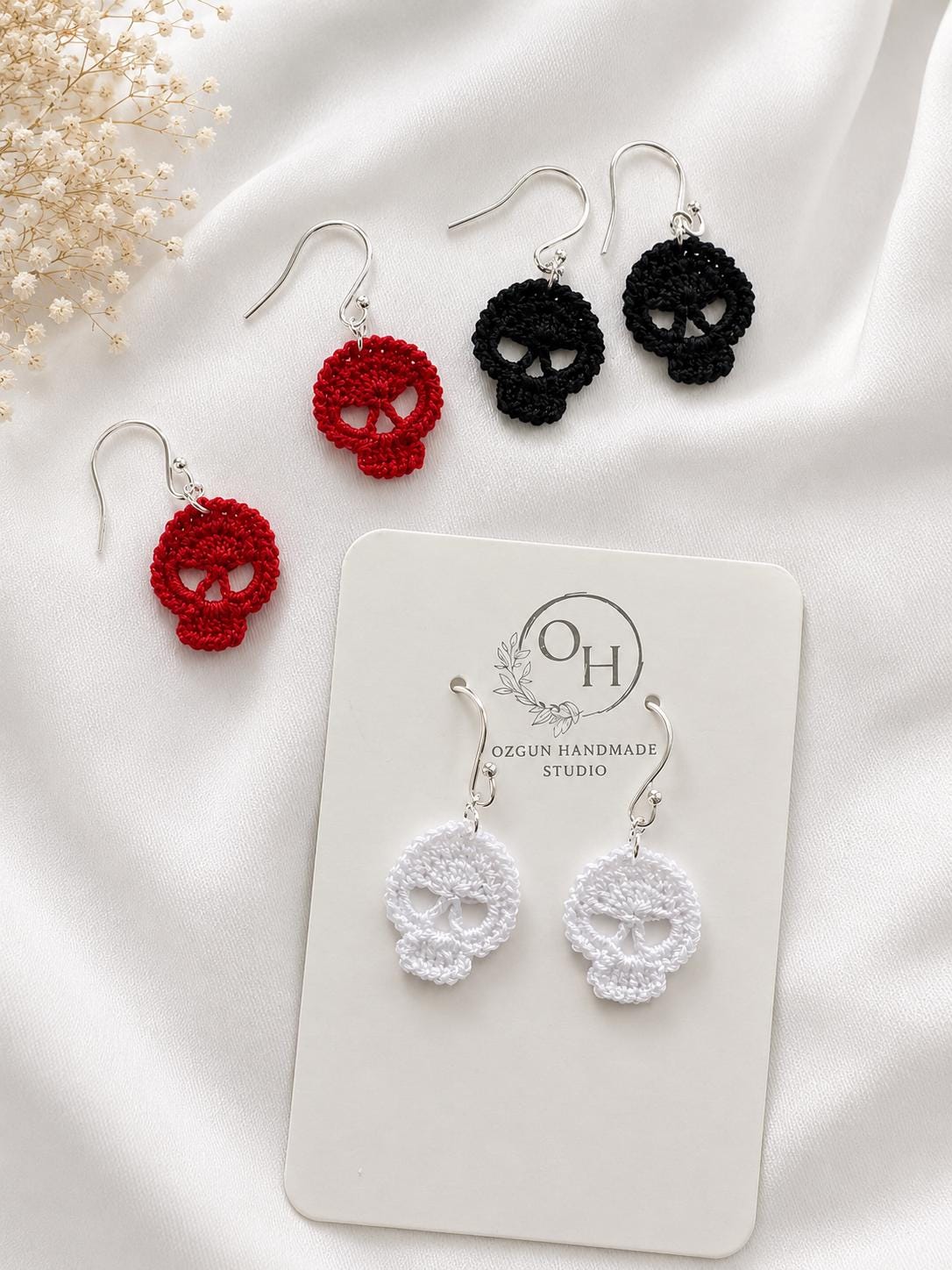 Micro Crochet Skull Earrings, Gothic Alternative Sterling Silver Jewelry __etsy:8052867044
