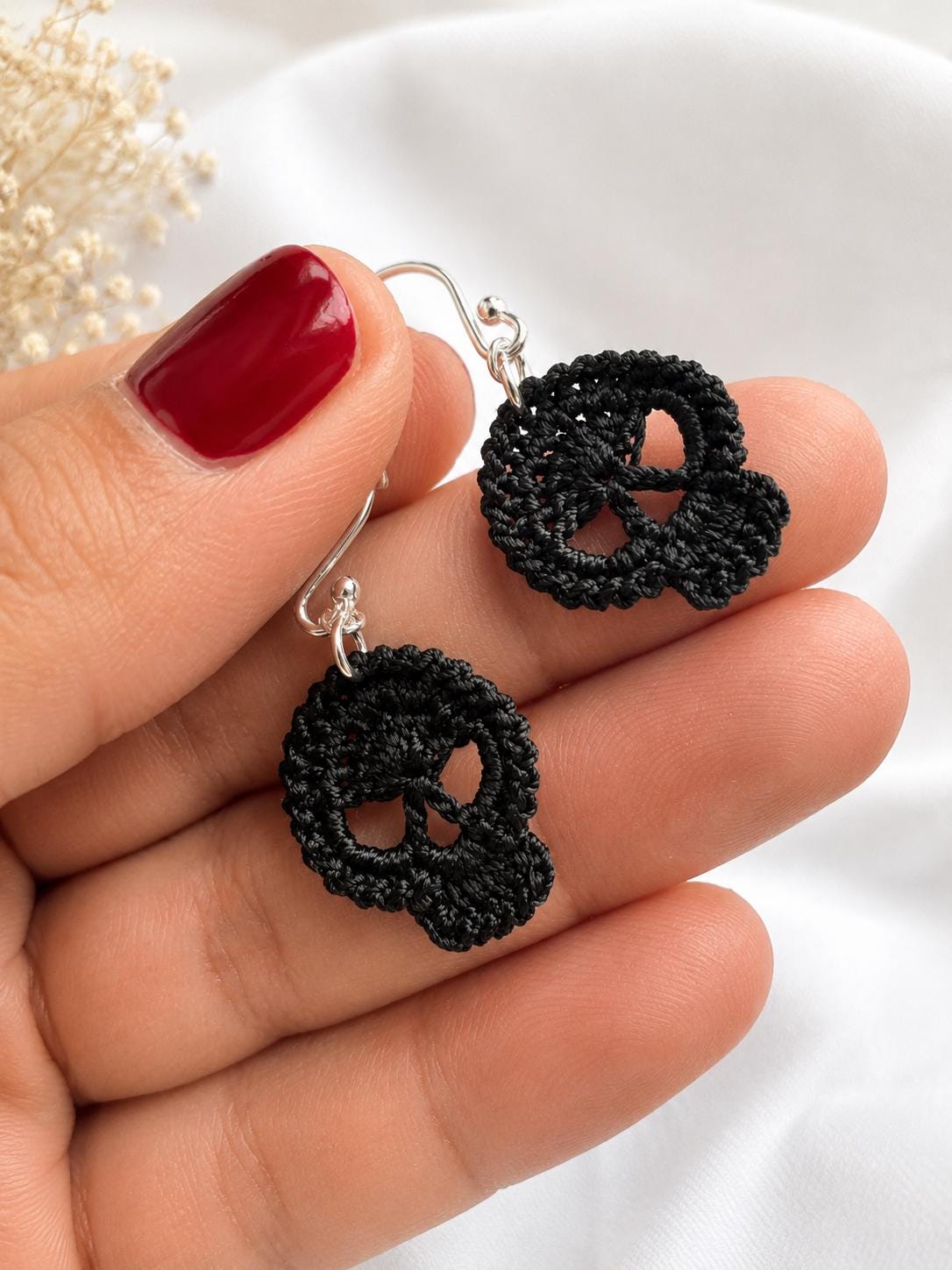 Micro Crochet Skull Earrings, Gothic Alternative Sterling Silver Jewelry __etsy:8052866964