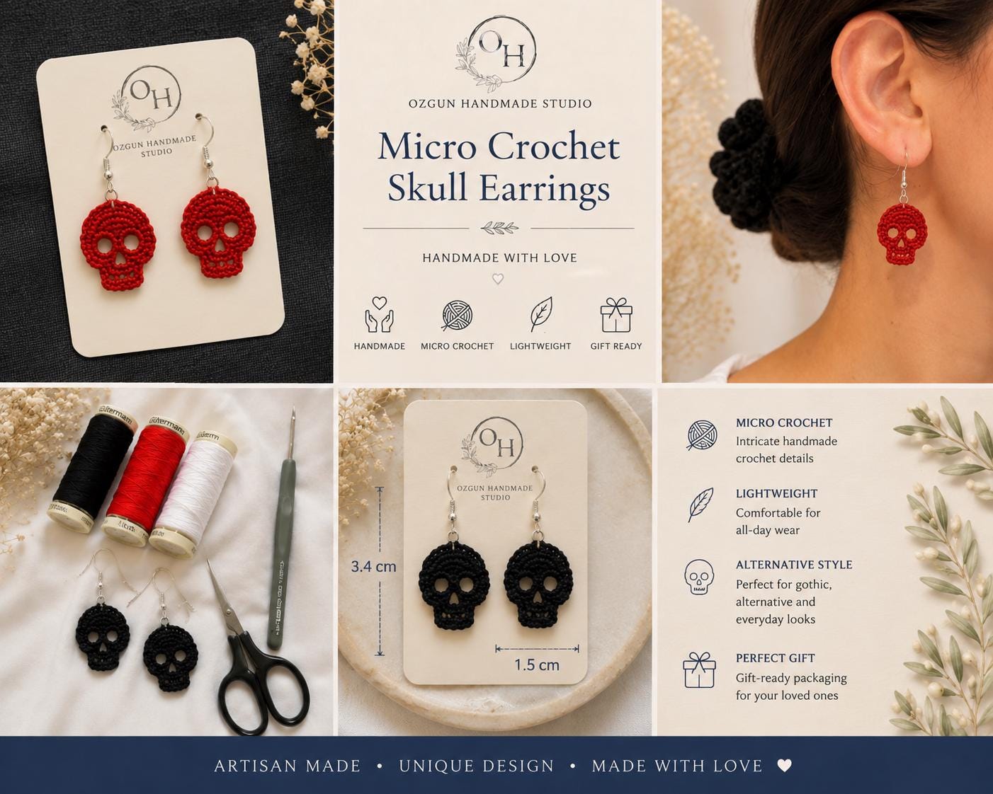 Micro Crochet Skull Earrings, Gothic Alternative Sterling Silver Jewelry __etsy:8100781977