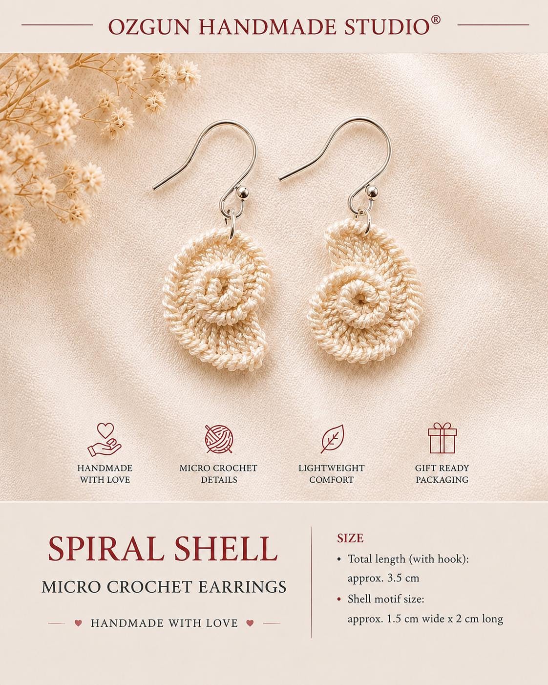 Micro Crochet Spiral Shell Earrings, Sterling Silver Hooks, Coastal Ocean Jewelry __etsy:8122563339