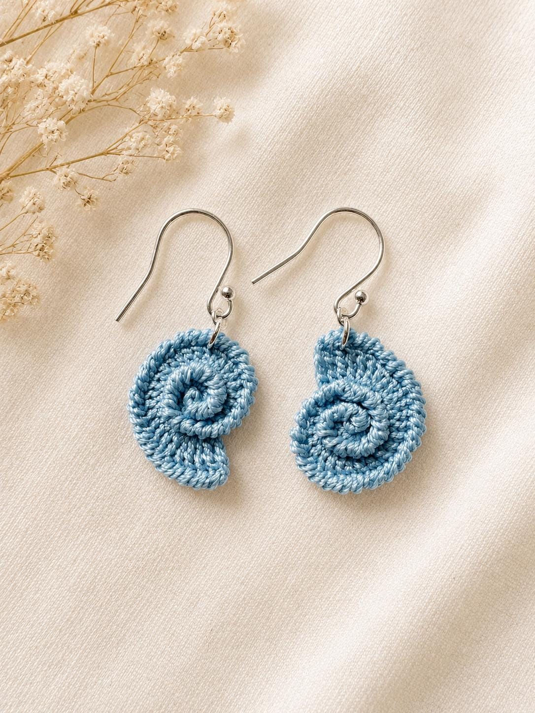 Micro Crochet Spiral Shell Earrings, Sterling Silver Hooks, Coastal Ocean Jewelry __etsy:8122245357