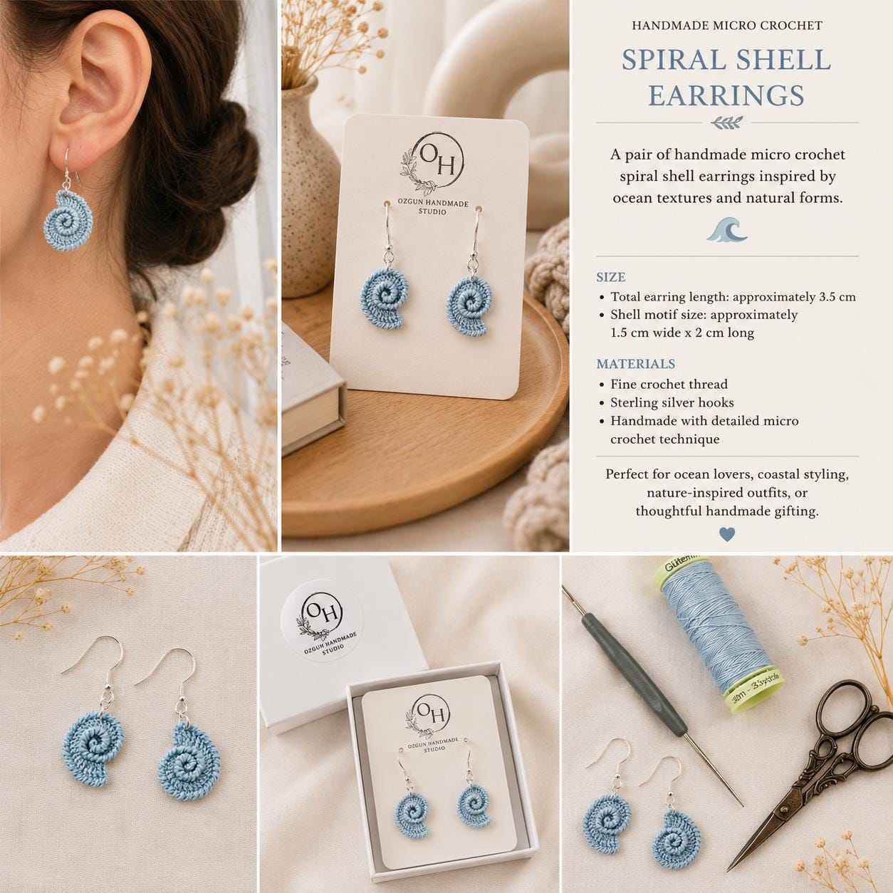 Micro Crochet Spiral Shell Earrings, Sterling Silver Hooks, Coastal Ocean Jewelry __etsy:8048176886