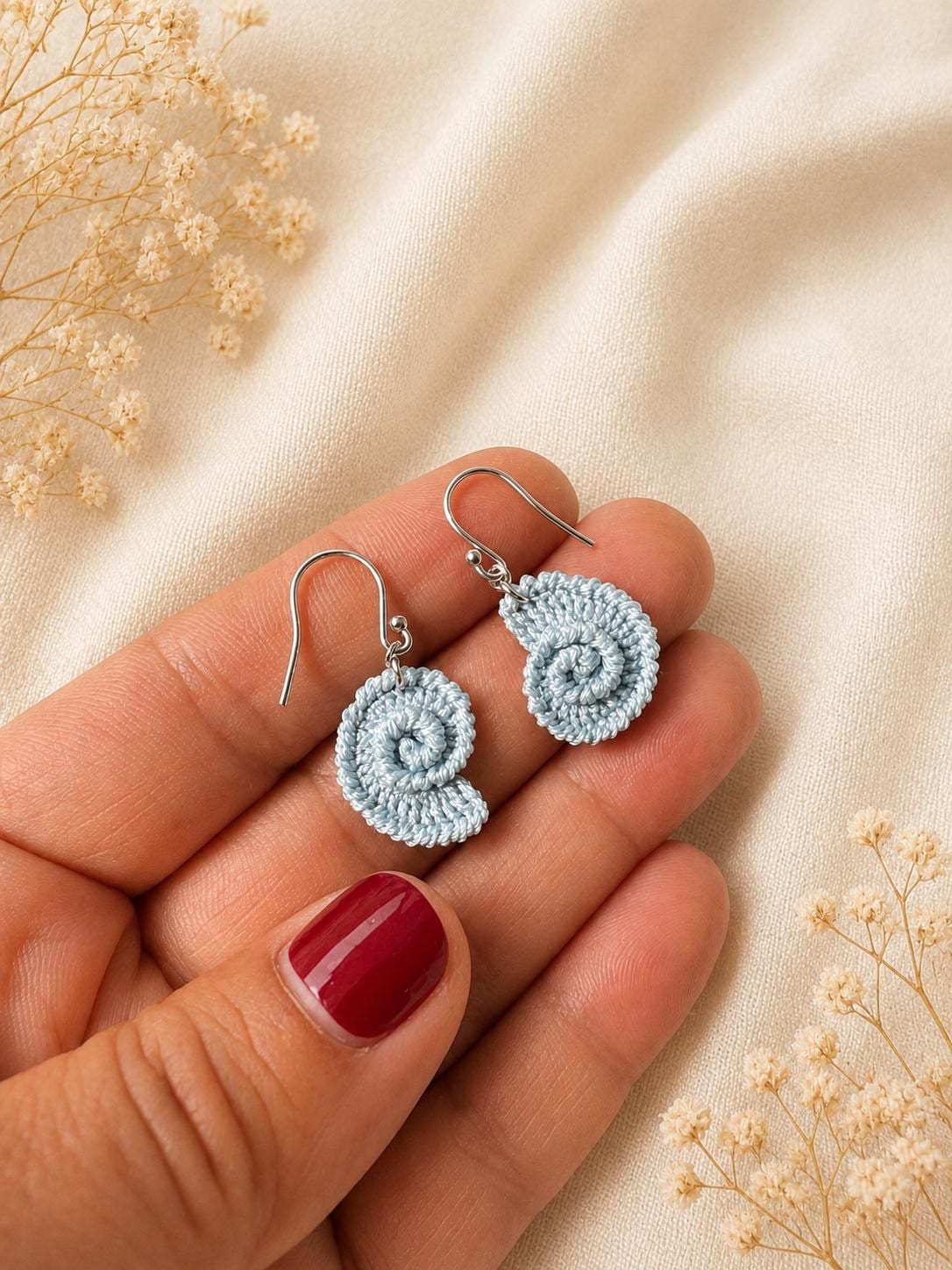 Micro Crochet Spiral Shell Earrings, Sterling Silver Hooks, Coastal Ocean Jewelry __etsy:8119895451