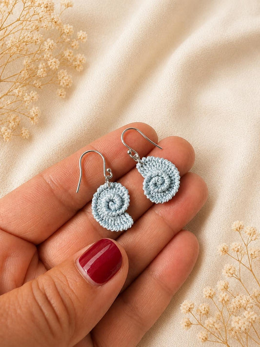 Micro Crochet Spiral Shell Earrings, Sterling Silver Hooks, Coastal Ocean Jewelry __etsy:8119895451
