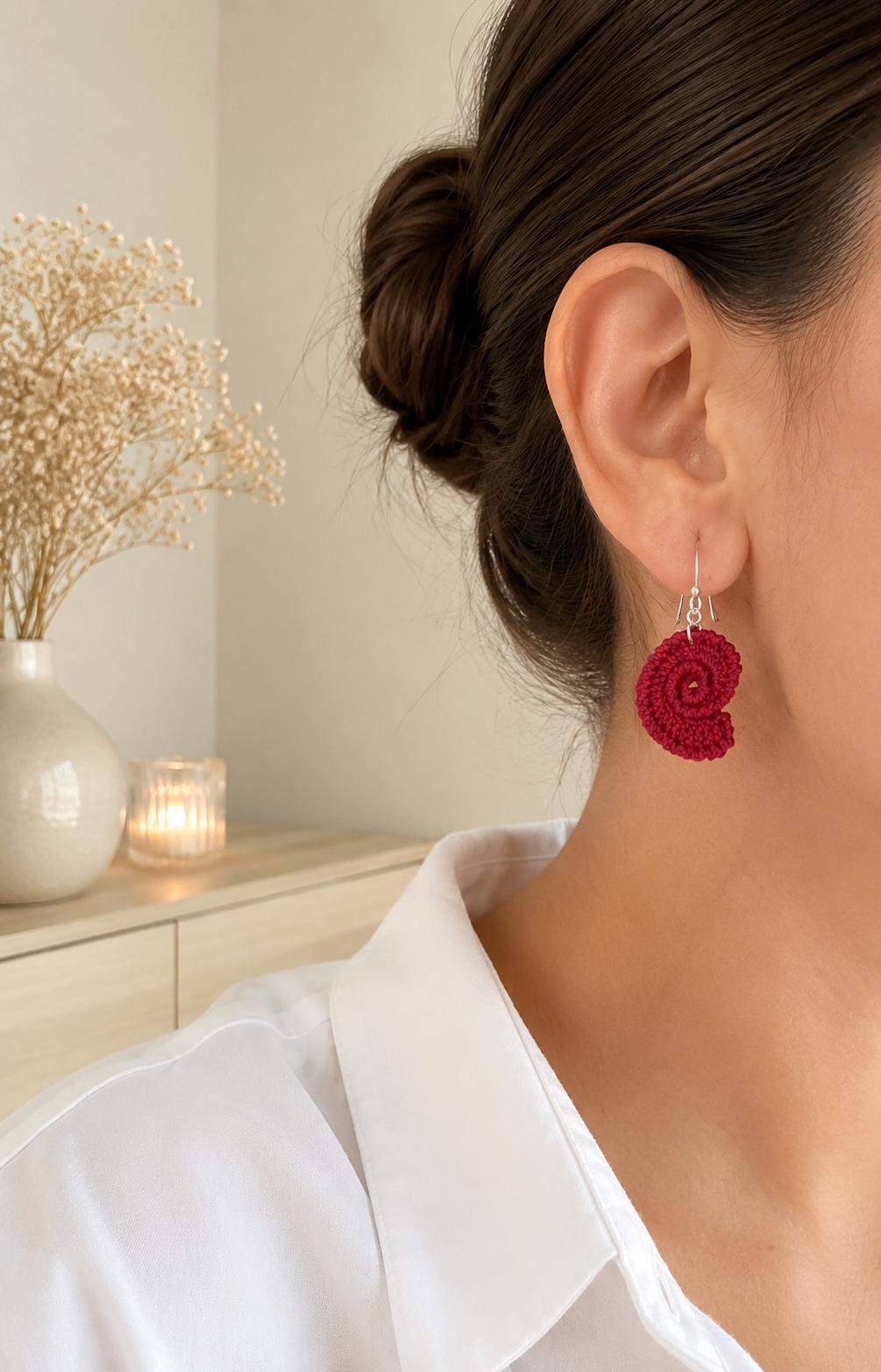 Micro Crochet Spiral Shell Earrings, Sterling Silver Hooks, Coastal Ocean Jewelry __etsy:8122603975