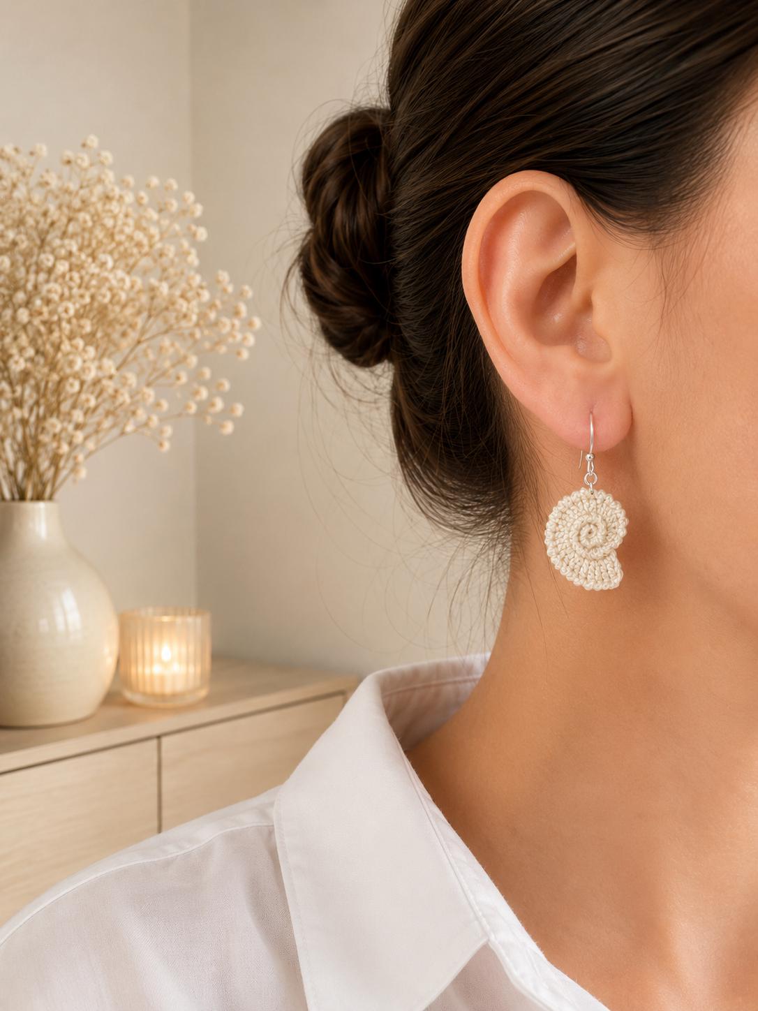Micro Crochet Spiral Shell Earrings, Sterling Silver Hooks, Coastal Ocean Jewelry __etsy:8074684888