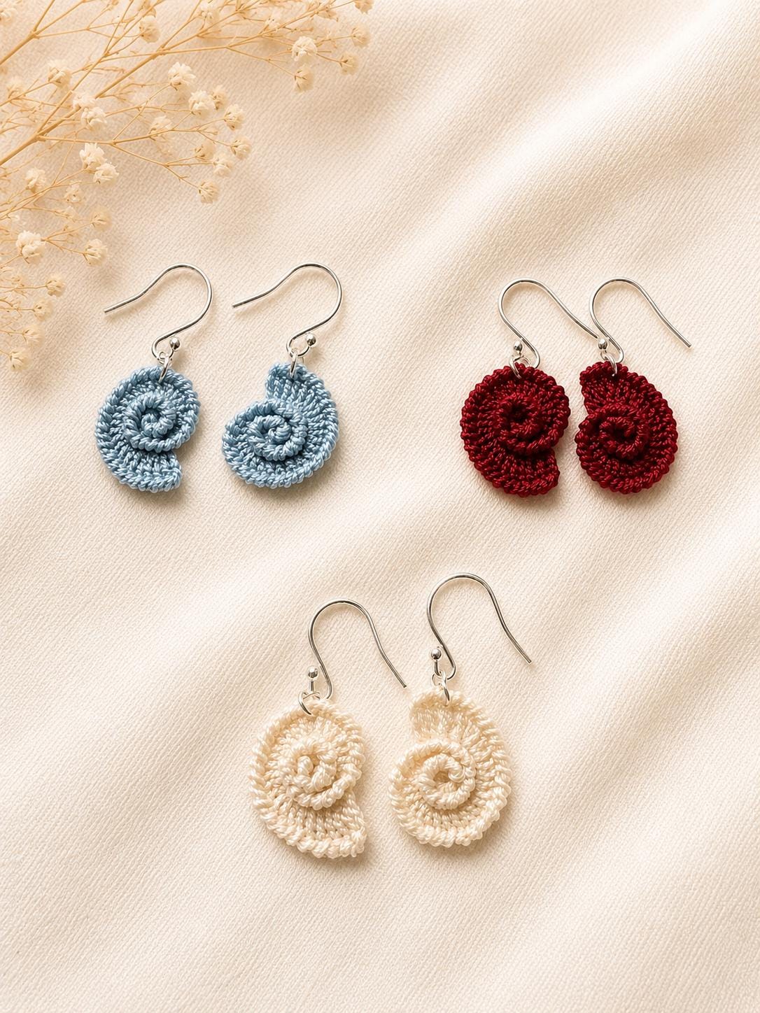 Micro Crochet Spiral Shell Earrings, Sterling Silver Hooks, Coastal Ocean Jewelry __etsy:8122540407