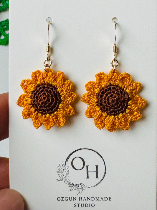 Micro Crochet Sunflower Earrings – 14ct Gold Filled Hooks, Cotton Flower Jewellery