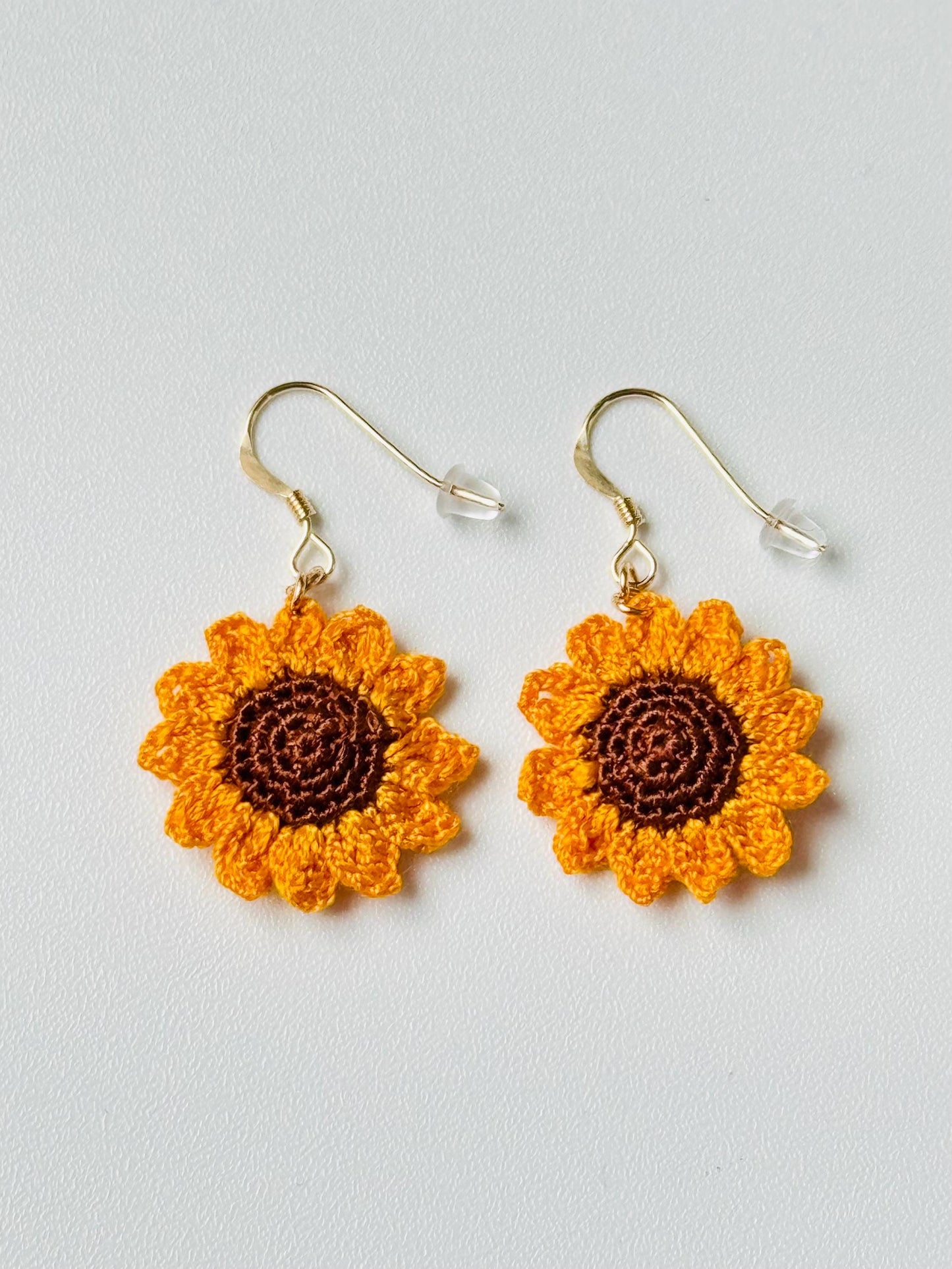 Micro Crochet Sunflower Earrings – 14ct Gold Filled Hooks, Cotton Flower Jewellery